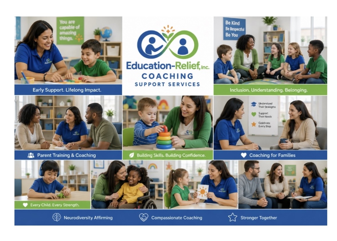 Education-Relief, Inc. coaching scenes — parent training, building confidence, inclusion, and family coaching